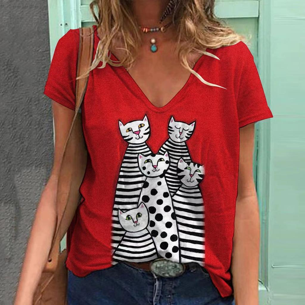 Summer Cat 3D Printed V-neck Short Sleeved  Women's T-shirts
