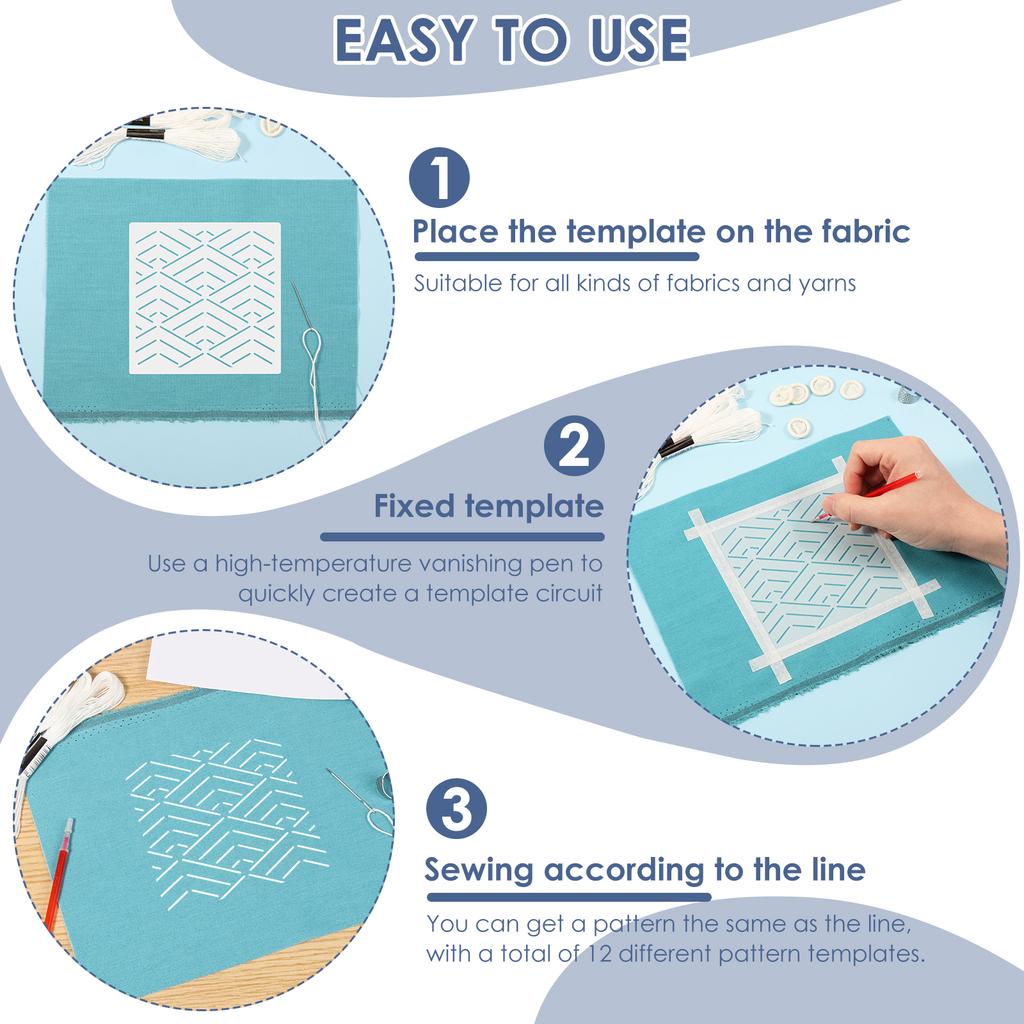 12Pcs Sashiko Stencils Kit Complete Sashiko Thread and Needles Thimble Set Denim Fabric Embroidery for Beginners Hand Quilting