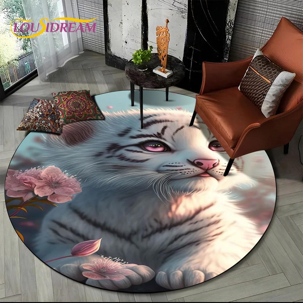 Animal Wildlife Cartoon Beast Tiger Lion Leopard Round Carpet Rug for Living Room Bedroom Child Decor,Pet Area Rug Non-slip Mat