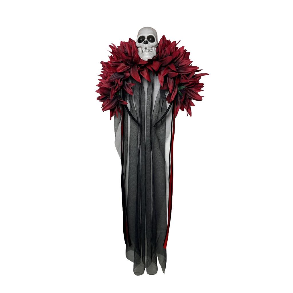 Halloween Long Ribbon Veil Floral Hair Band Girls Day Of The Dead Red Rose Flowers Headdress Party Cosplay Gothic Head Hoop