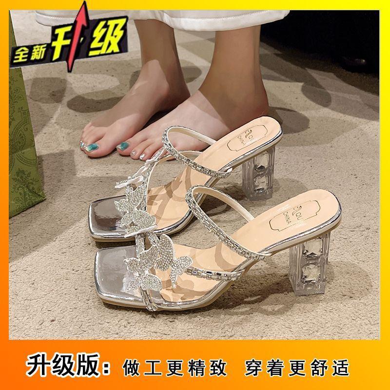

Niche design butterfly crystal high-heeled slippers summer wear 2025 new one-word belt fairy beautiful sandals woman 40