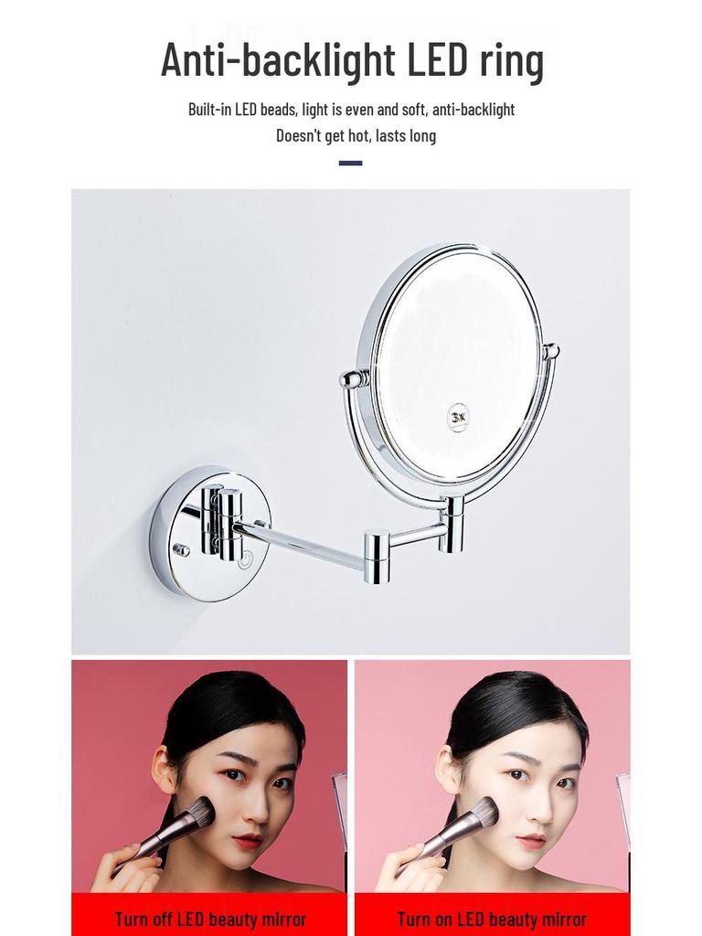 Wall-Mounted LED Touch Makeup Mirror with Recessed Wiring, Telescopic Fold, for Hotel Bathrooms