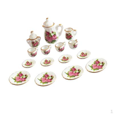 15 Pieces 1/12 Dollhouse Miniature Dining Ware Rose Flower Porcelain Tea Set