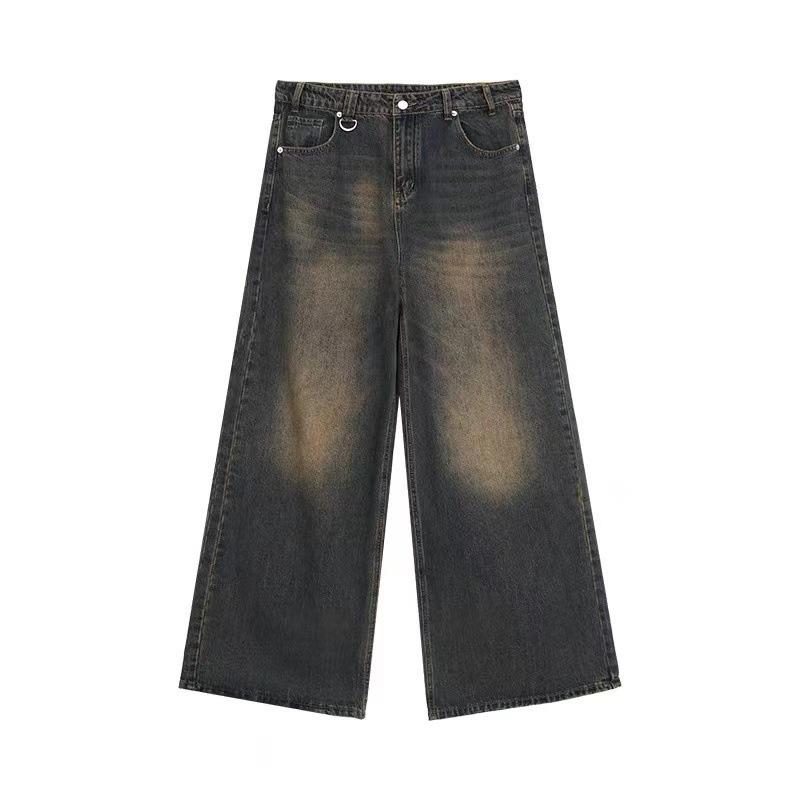 Men's Vintage Washed Wide-Leg Jeans: Retro Straight, Loose Drape, Floor-Length, Spring/Autumn 2025.