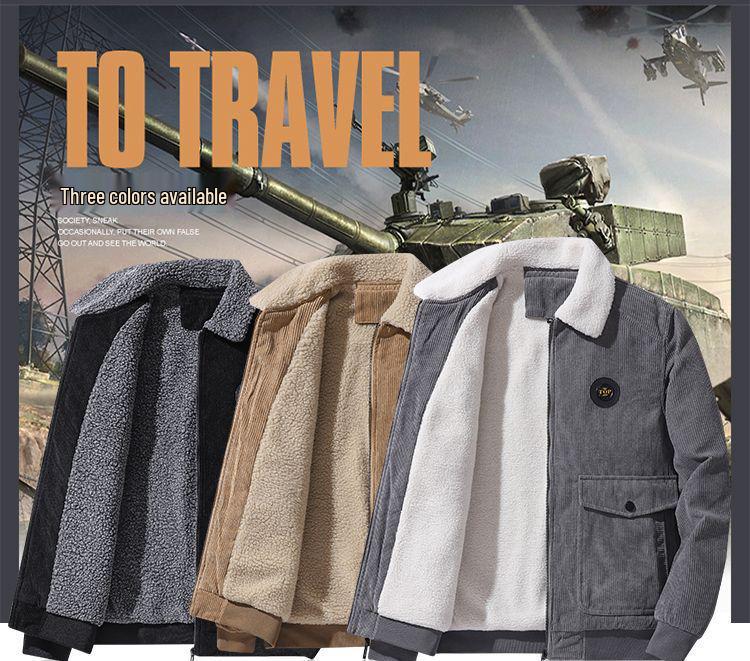 Męska kurtka sztruksowa plus size - Podszyta polarem, kołnierz wykładany na wiosnę i jesień, do noszenia na co dzień