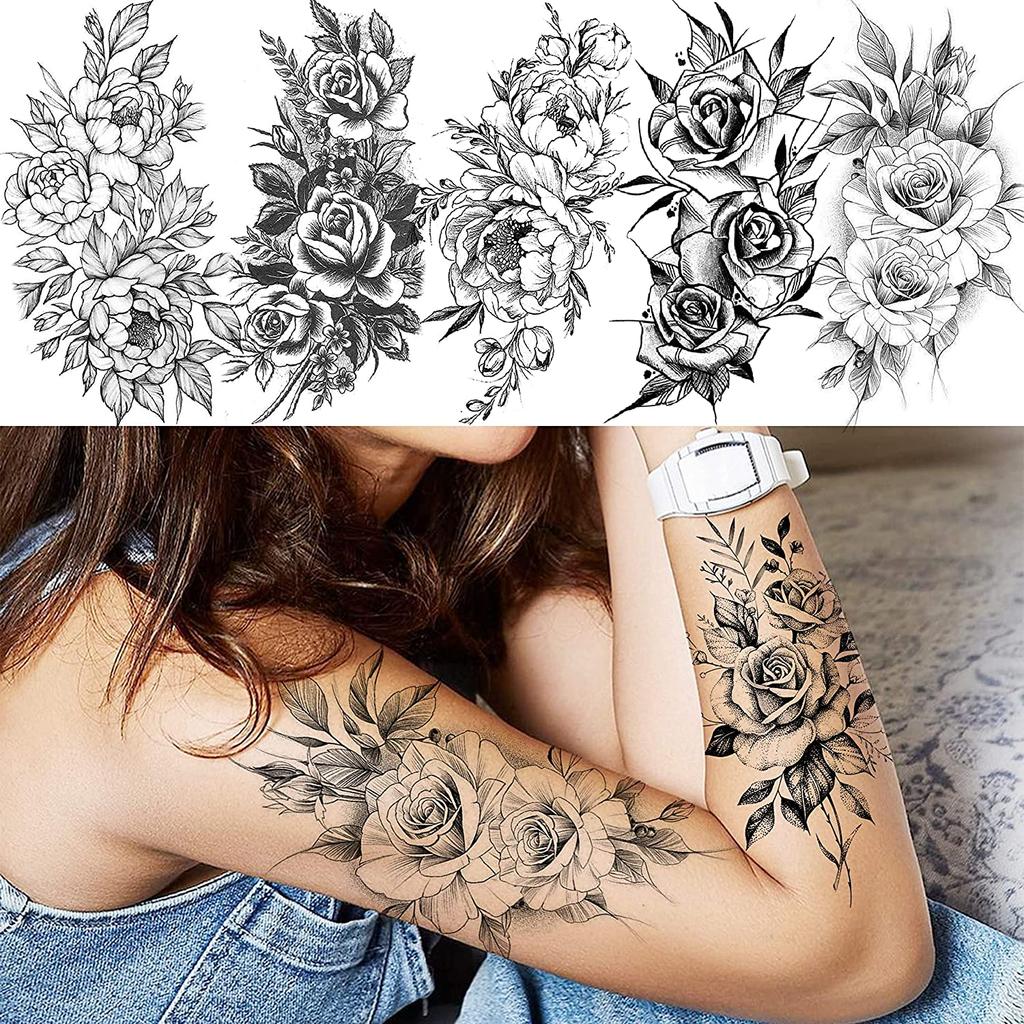 1 Sheet Black Flower Temporary Tattoos For Women Girls Realistic Fake Flora Floral Peony Tattoo Sticker Body Art Painting Decal