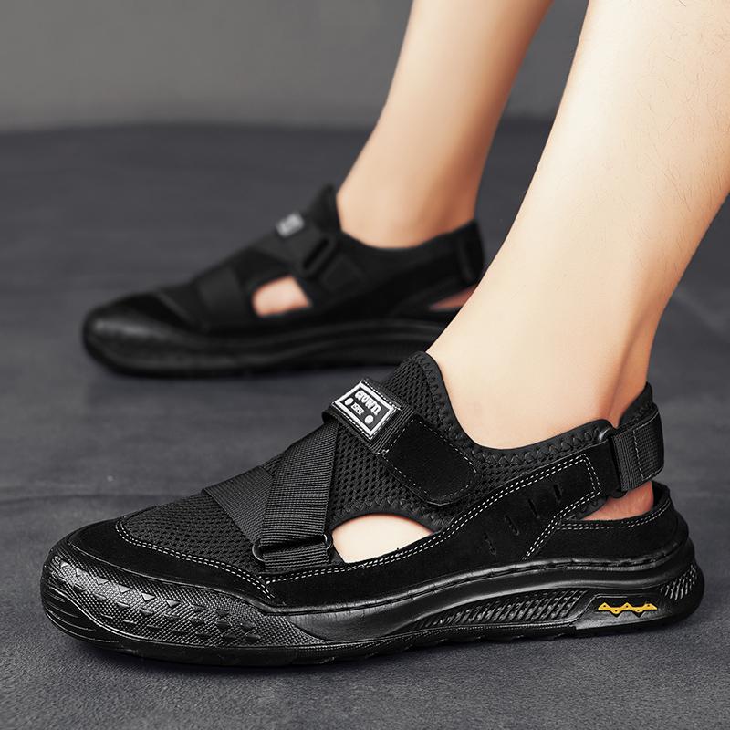 

Модные сандалии 2024 года, мужские летние сандалии из нескользящей кожи, дышащие, универсальные, классические, носимые, модные, повседневные, кожаные мужские сандалии 44 чёрный