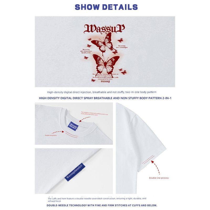 Wassup Heods Trendy Gothic Letter Butterfly Short-Sleeved T-Shirt for Men and Women, Summer Loose Heavyweight Cotton Top