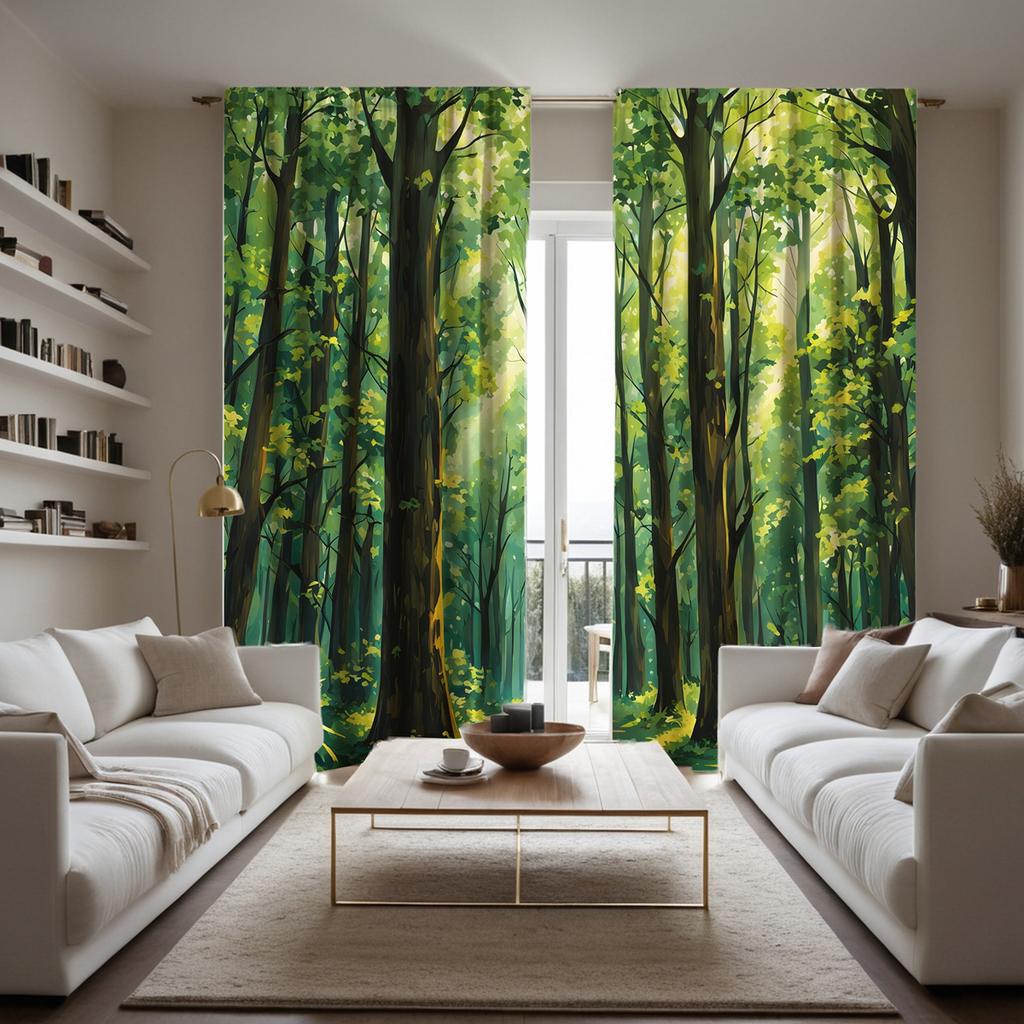 2pcs HD green forest decorative curtain Green digital printed curtain Home decoration style decoration living room bedroom th