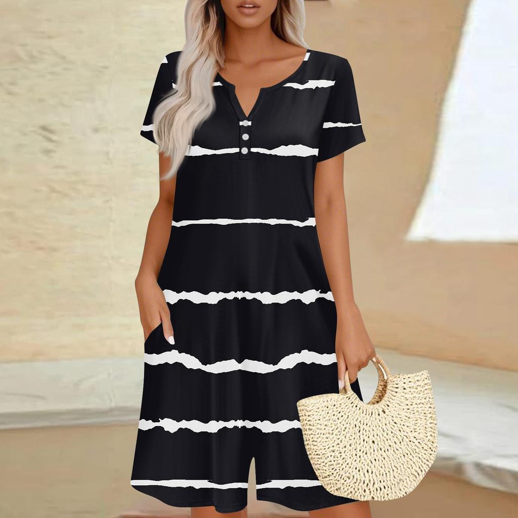 Damen Freizeit Jumpsuit mit kurzen Ärmeln Mode Top Jumpsuit Shorts Romper mit Taschen