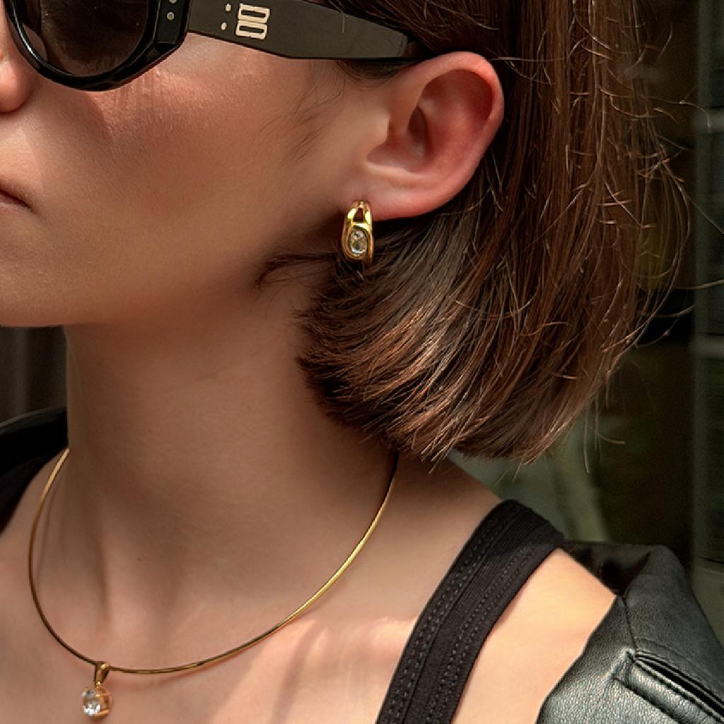 Salircon Exquisite Stainless Steel Glass Drill Stud Earrings Women's Luxury 18K Gold Plated Piercing Earrings Waterproof Jewelry