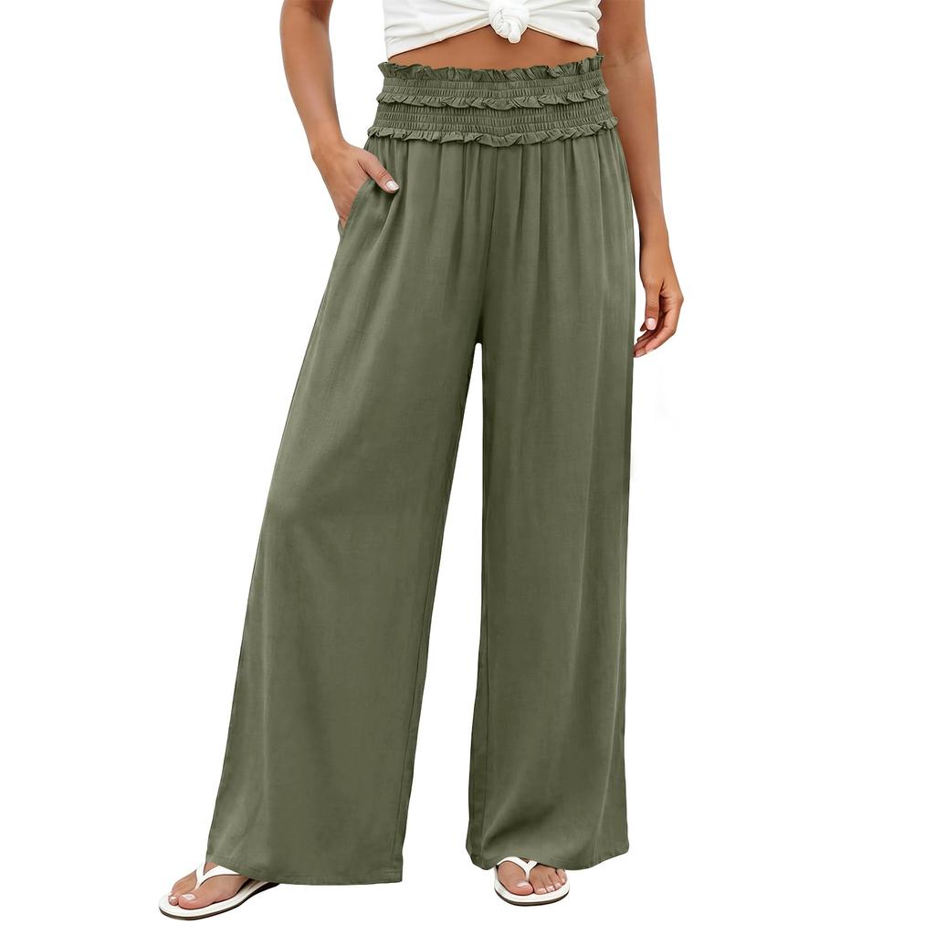 Women's Wide Leg Pants High Waist Loose Fit Pleated Bohemian Style Travel Casual Trousers with Pockets Summer Fashion Solid Color
