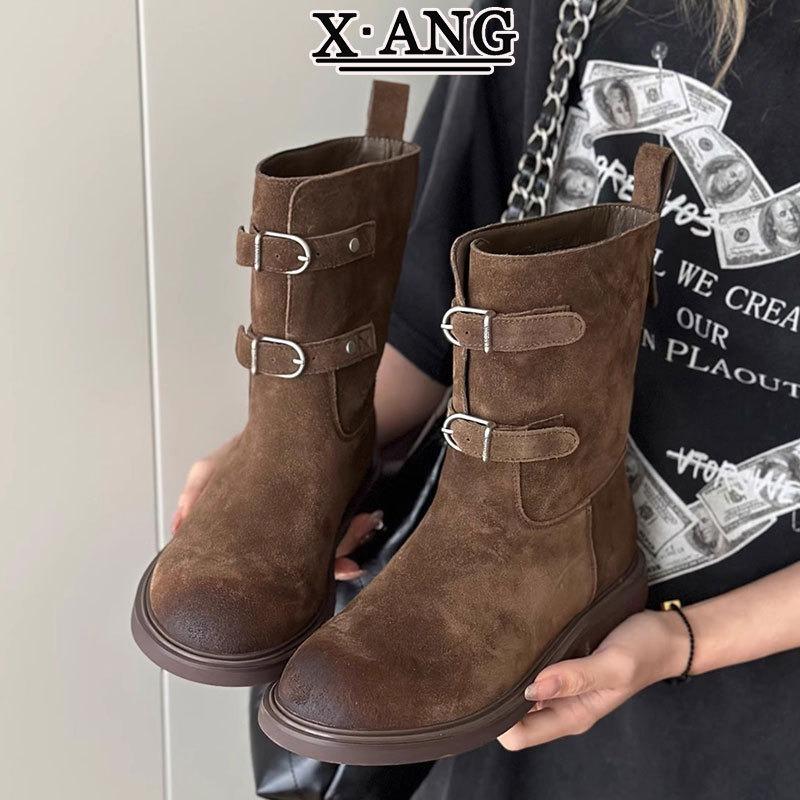 Cowhide version Brown Barn style boots Women's thick heel Martin boots Medium motorcycle boots Western cowboy boots Skinny short boots