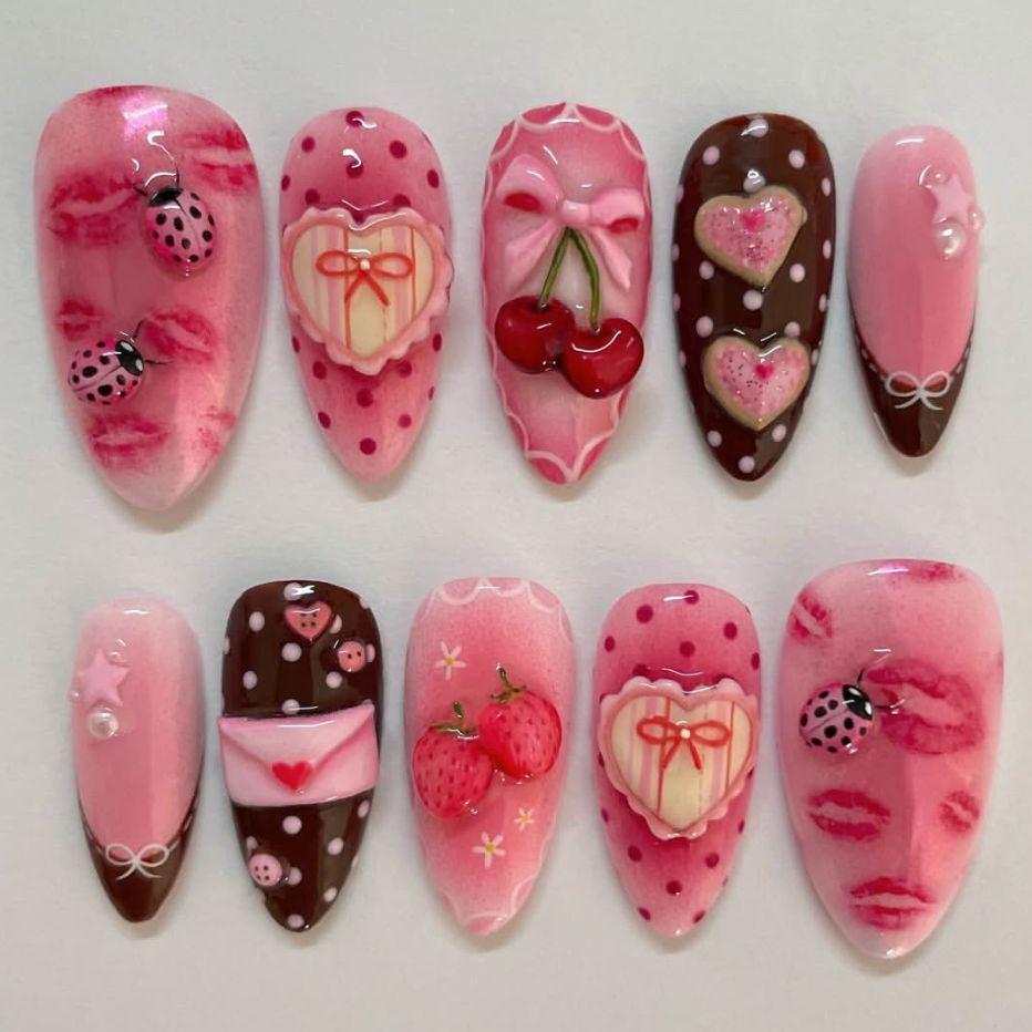 24pcs Wearable Press On Nails Strawberry Bow Design Nails Tips Red Short Almond Pearl Starlight Fake Nail Art Flower False Nails