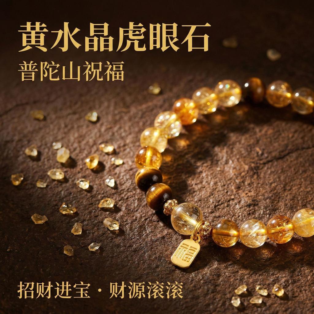 Kulturelle und kreative Sammlung des Putuo-Berges: Natürliches Gelbes Kristallarmband mit Echter Tigerauge-Stein, Doppelkreis Kristallarmband für Damen