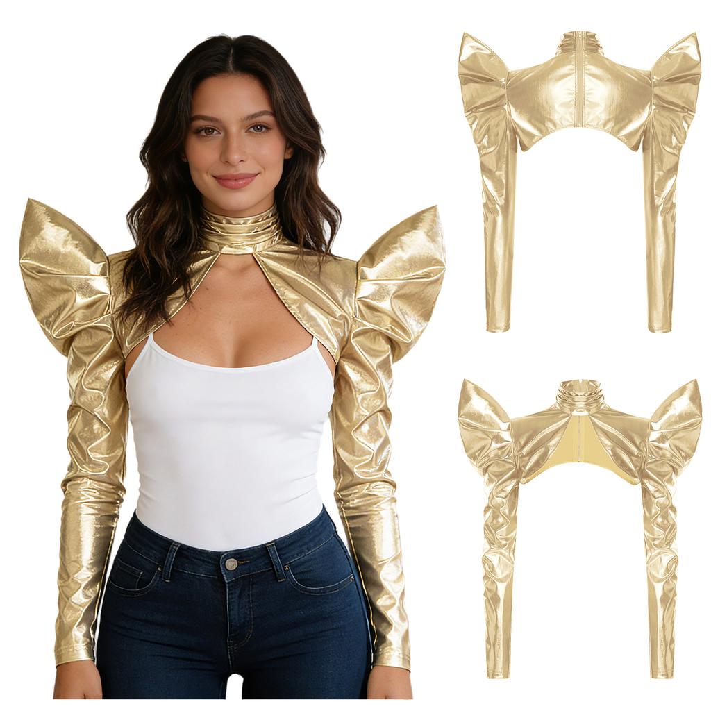 Bolero Cardigan Metallico Futuristco Trasparente a Collo Alto Manica Lunga con Zip Posteriore da Donna per Festa in Costume Halloween