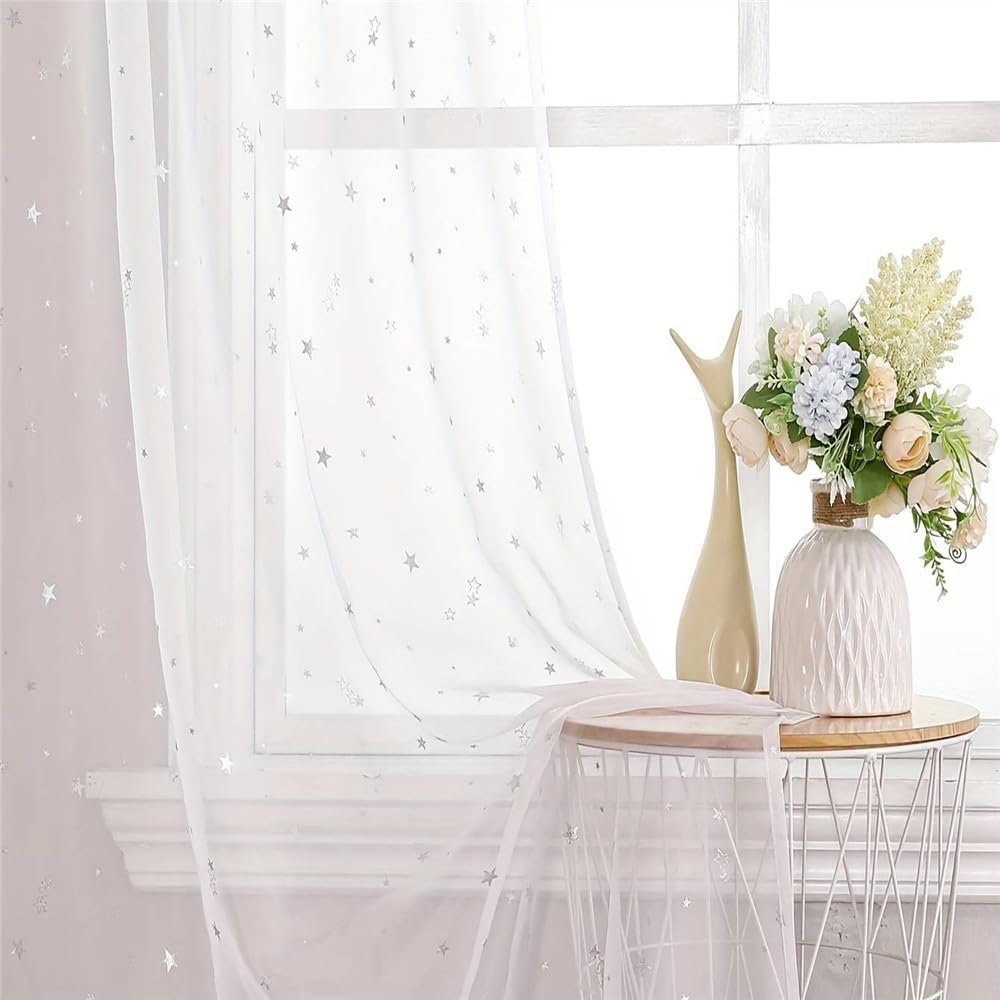 WPKIRA Lace UV Thin Silver Set of 2 100cm X Length 178cm 1 Curtains, Protection, Curtains, Stylish, Natural, Ventilated, Semi-Shading, Window, Room,