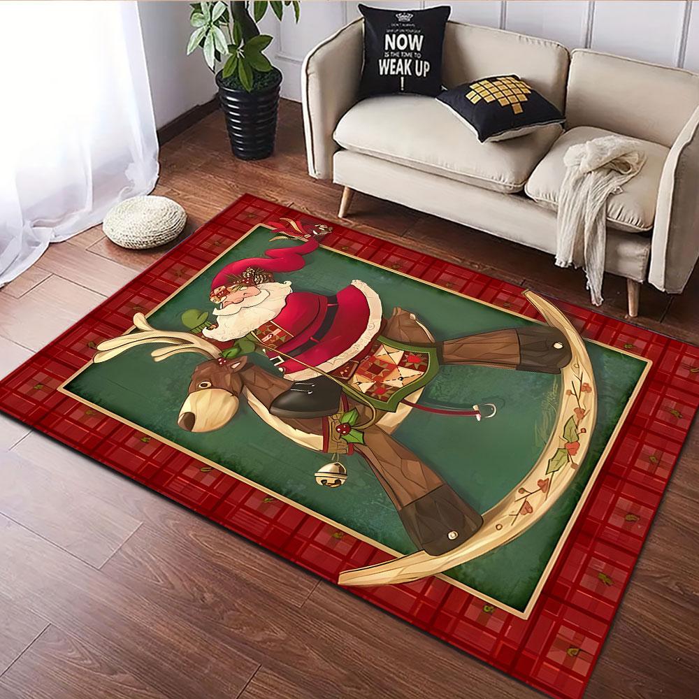 Santa On Rocking Reindeer Art Rug Patterned Carpet, Suitable As a Non Slip Play Mat for the Living Room and Bedroom Sofa