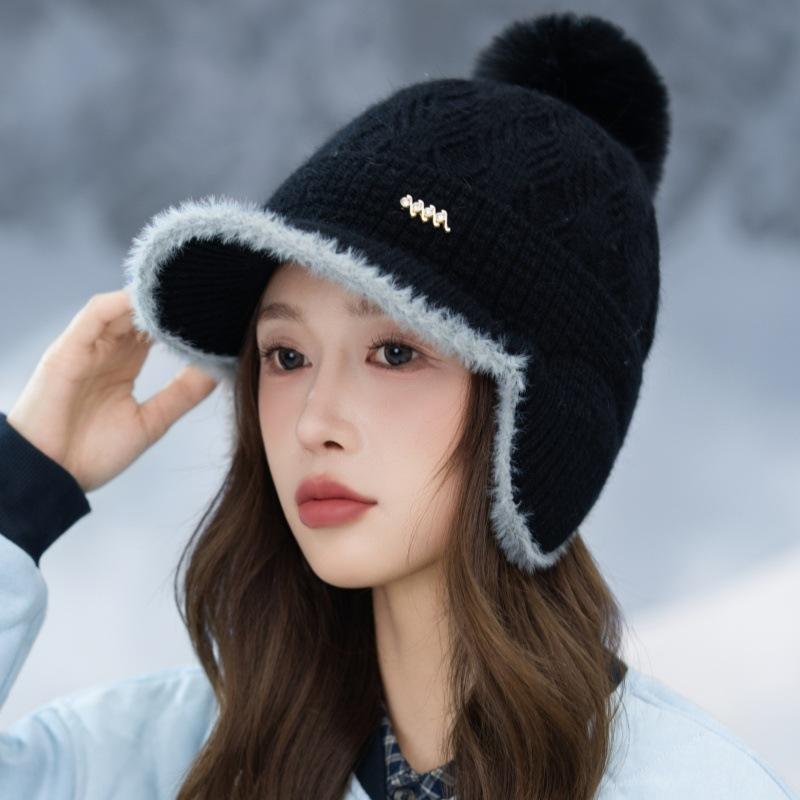 Autumn and Winter Velvet Warm Duck Knitted Hat Outdoor Leisure Cold Wind Snow Ear Hat Women's Winter Knitted Wool Hat Outdoor Travel Windproof Hat