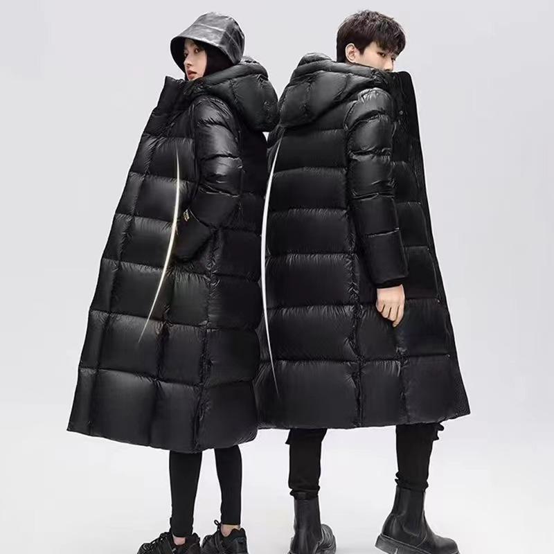 Couple men's and women's down jackets new glossy leave-in black gold long loose knee thickened white duck down jacket