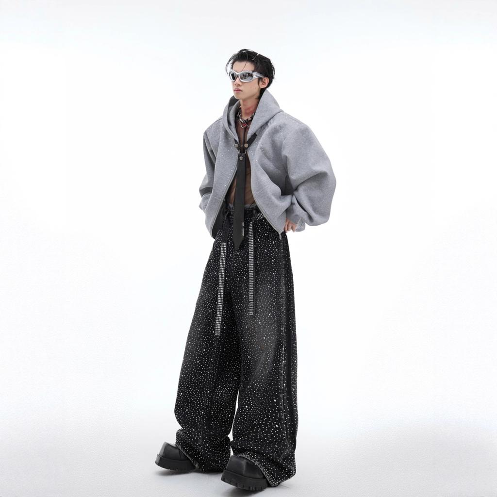 Retro Fine Flash Rhinestone Hooded Sweatshirt Cardigan Jacket Detachable Tie Pullover