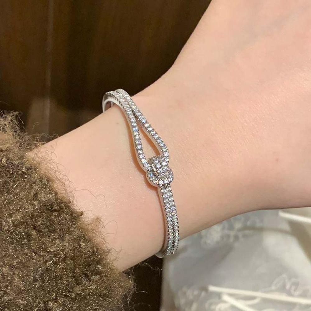 Crystal Knot Cuff Bangles Double Layer Rhinestone Bracelet Creative Exaggerated Bracelet Party