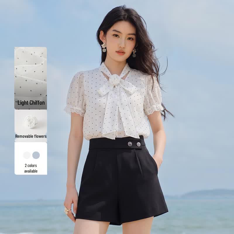 French Style Polka Dot Chiffon Blouse L