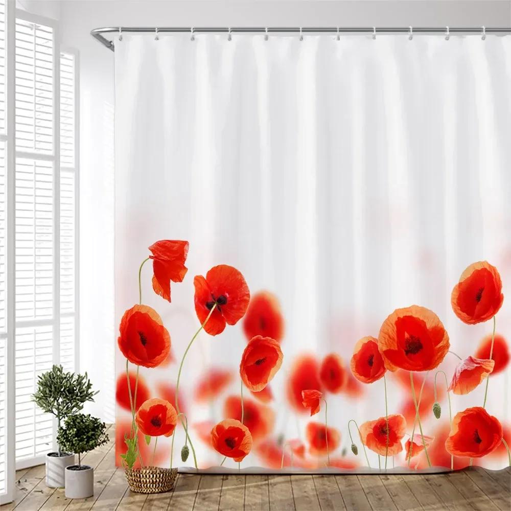 

Hand Painted Floral Shower Curtains Set Watercolor Flowers Plants Poppies Butterfly Simple Polyester Nordic Bathroom Decor Hooks W90XH180cm