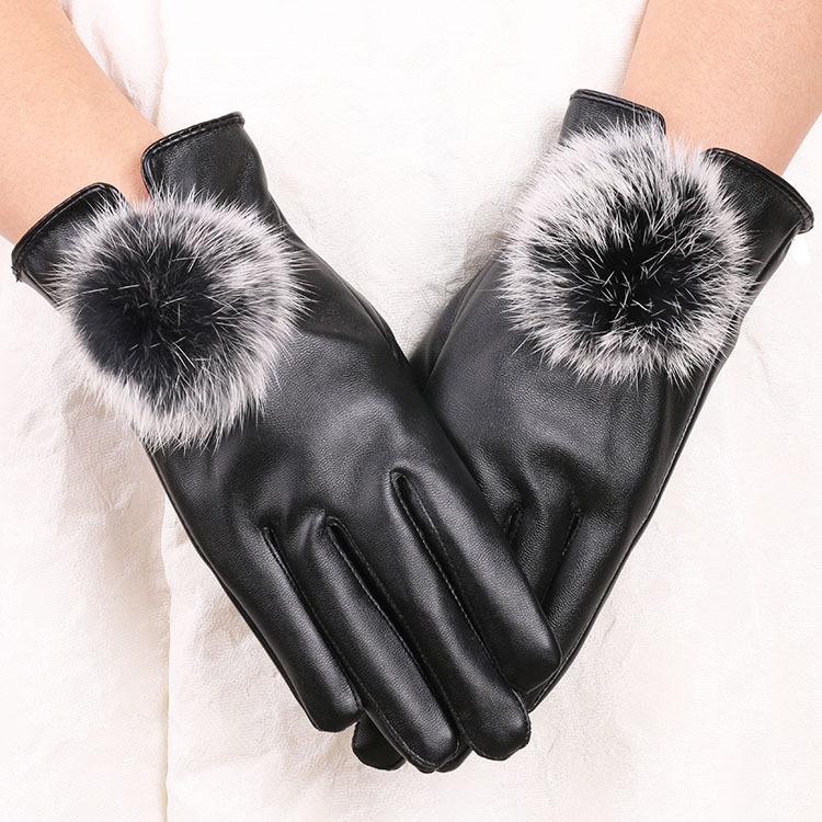 New Autumn and Winter Warm Gloves Plus Velvet Cold Proof Women's PU Leather Gloves Rabbit Hair Ball Play Mobile Phone Touch Screen Gloves