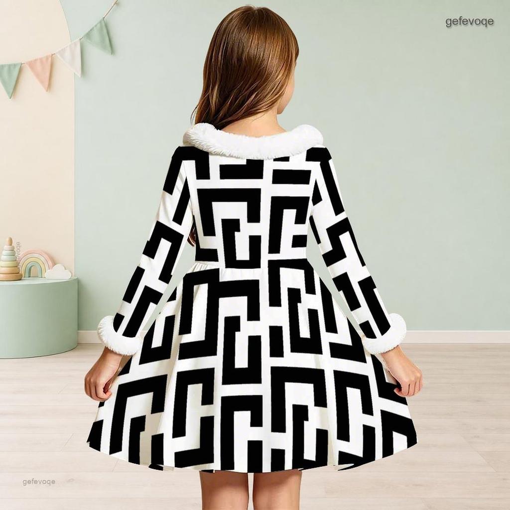 Girls High Neck Long Sleeve Black White Geometric Printed Fur Trim Bow Waist A Line Flared Dress