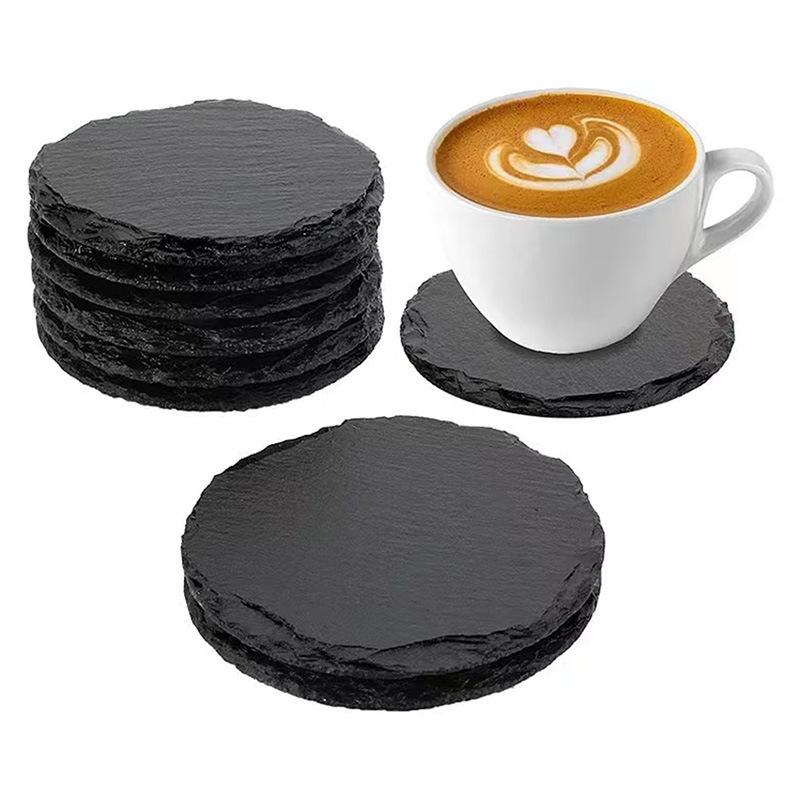 10pcs  Black Slate Stone Round / Square Coasters, for Drinks, Bar, Kitchen, Home, Natural Slate, Simple and Non-slip, Practical