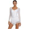 Womens Latin Dance Rhinestone Bodysuit Mesh Long Sleeve Strappy Back Tiered Tassel Hem Leotard