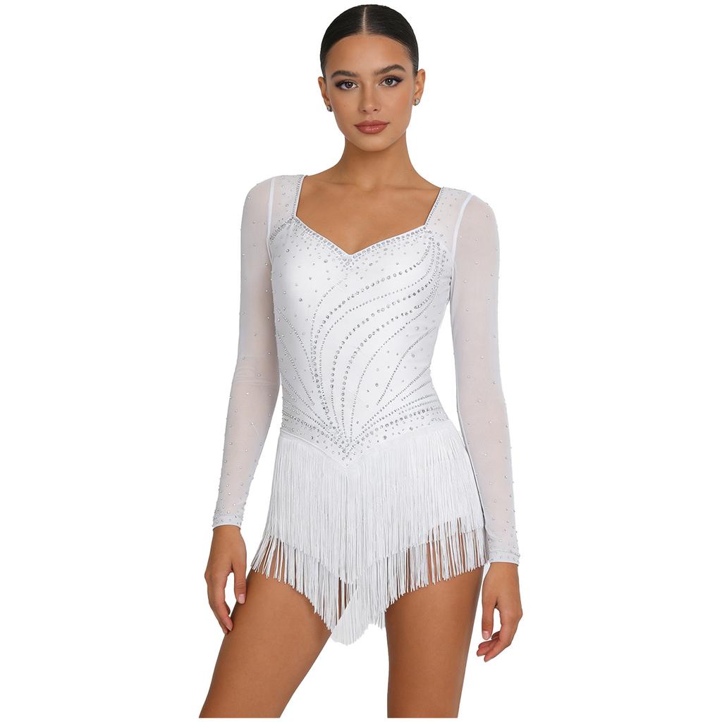 Womens Latin Dance Rhinestone Bodysuit Mesh Long Sleeve Strappy Back Tiered Tassel Hem Leotard