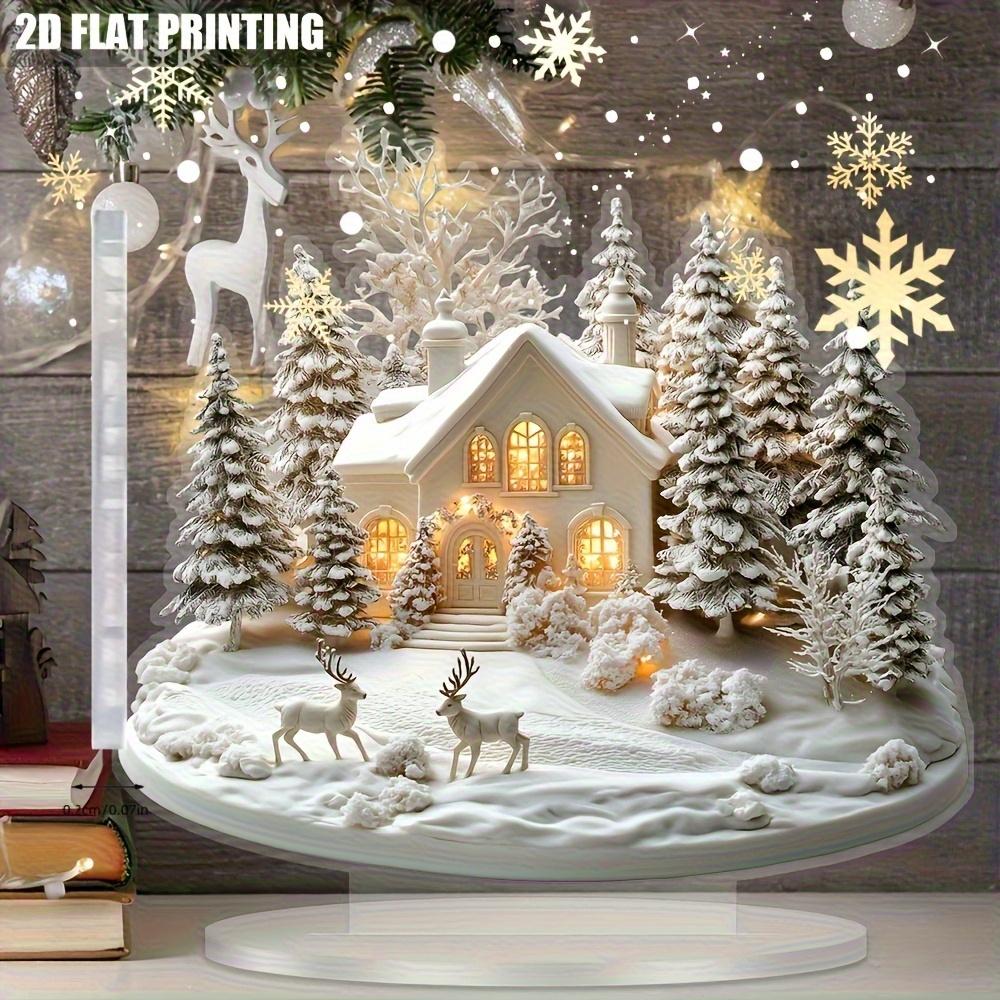 2D Flat, Snow House and Reindeer Scene Acrylic Desktop Decoration, Suitable for Wall Decoration, Porch, Room, Villa, Accents Home, Hallway, or Workpla