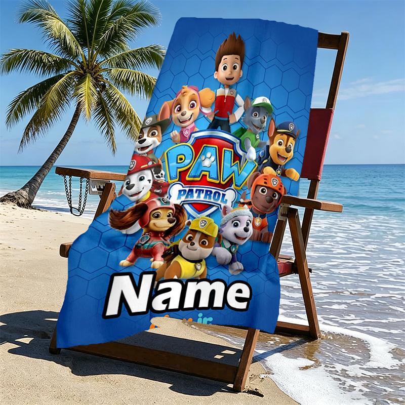 Asciugamano da Spiaggia Personalizzato con Nome e Stampa PAW Patrol, per Viaggio Campeggio Festa in Spiaggia Decorazione Casa, Regalo di Compleanno per Famiglia e Amici