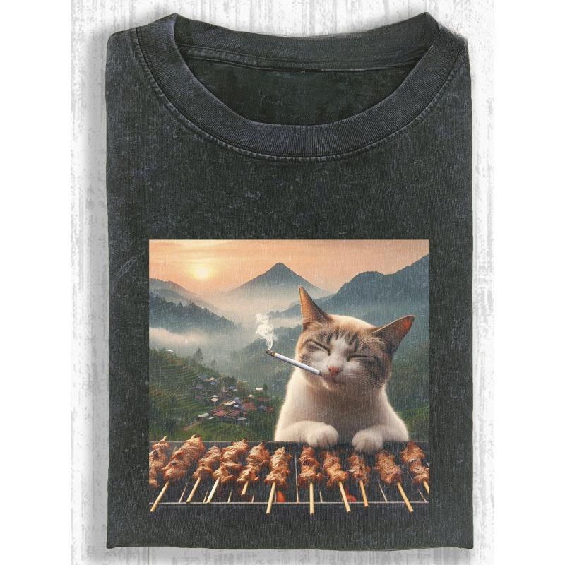

European sizes Washed Comfortable Smoking Cat Print T-Shirt Vintage Washed T-Shirt, Short Sleeve Crew Neck,Perfect Gift for Dad S чёрный