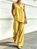 European and American Women's Casual V-neck Sleeveless Bamboo Hemp Top and Wide-leg Pants Two-piece Set