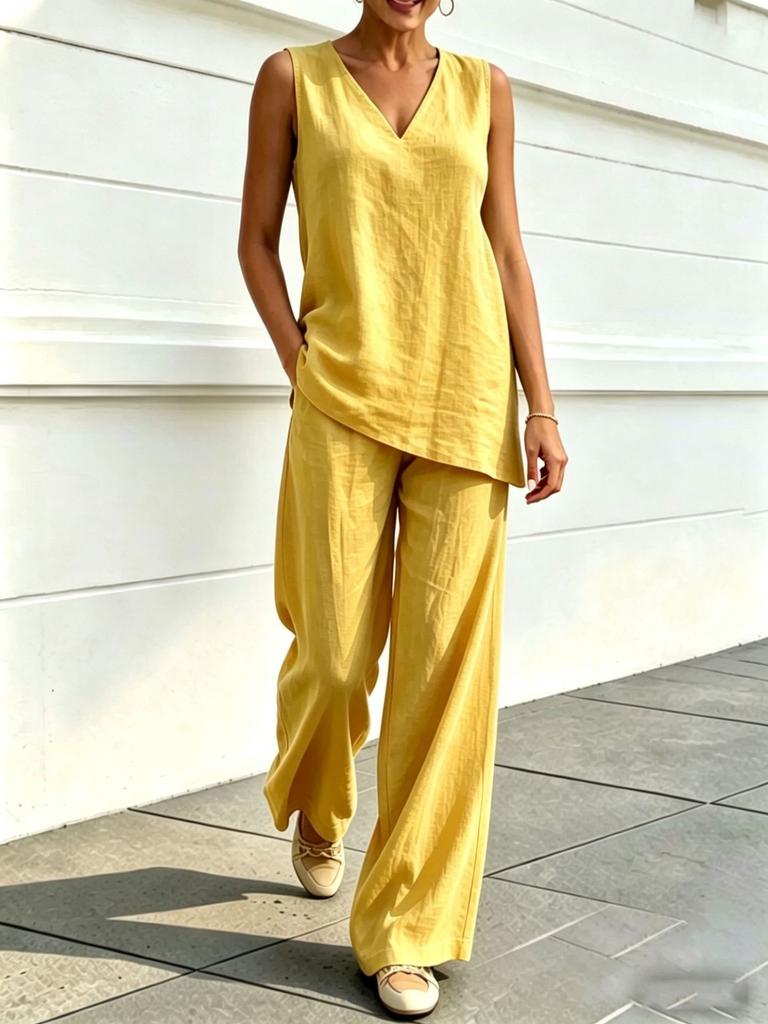 European and American Women's Casual V-neck Sleeveless Bamboo Hemp Top and Wide-leg Pants Two-piece Set