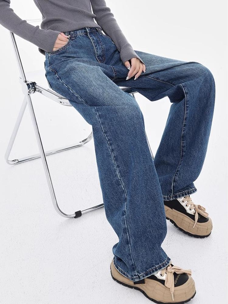 Spring New Vintage Washed Wide Leg Jeans Women 2000s High Waisted Straight Loose Slim Mop Pants Korea Chic Design Blue Denim Trousers