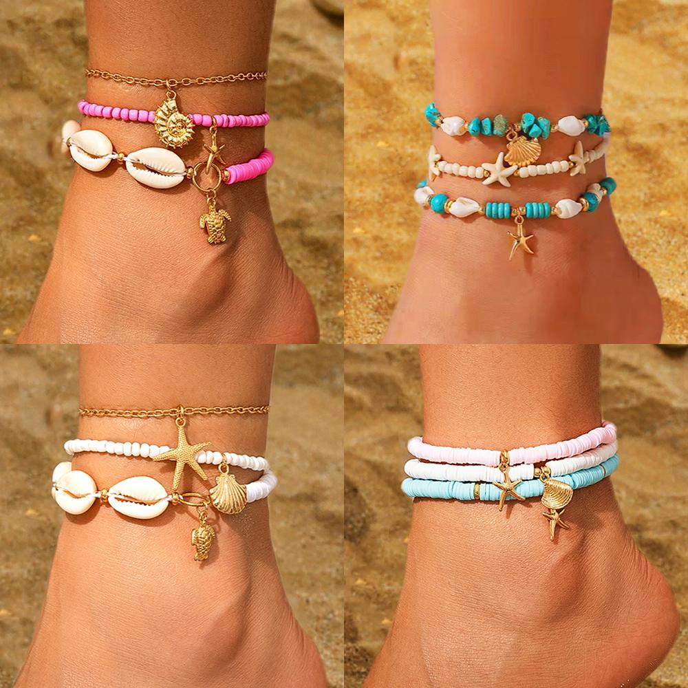 Bohemian Shell Starfish Beaded Anklets Set for Women Fashion Summer Beach Sea Shell Multilayer Chain Ankle Jewelry