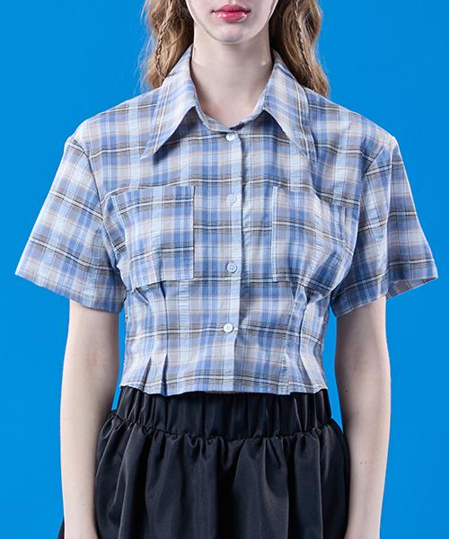 KOLEAT Preppy Check Classic Crop Slim Short Sleeve Shirt [Pale Blue]