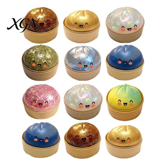 TPR Stress Ball 12Pcs Steamed Bun with Steamer Anti-Anxiety Glitter Cartoon Relaxation Squeeze Dumpling Toy Simulated Dough Fidget Sensory Reliever