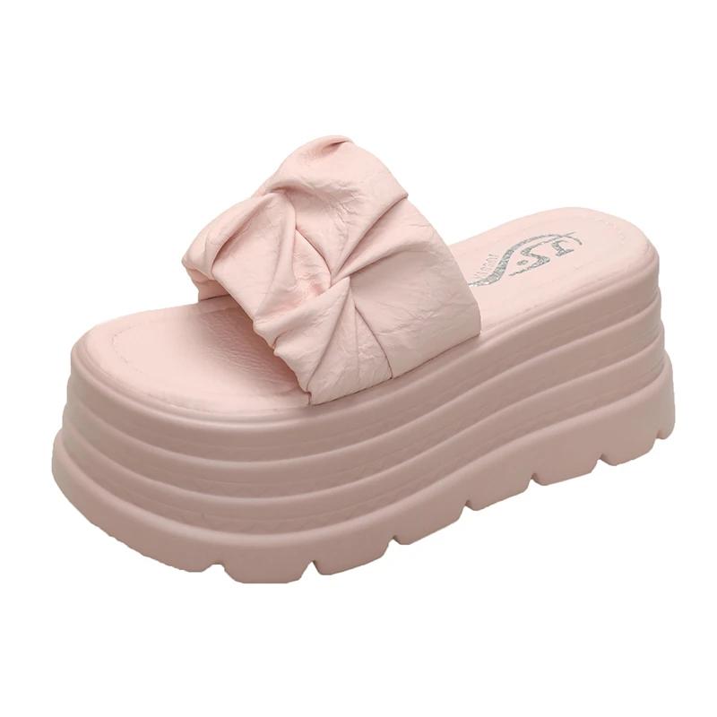 Fashion 8CM Summer Women Slippers New Pleated Thick Sole Dad Shoes Casual High Platform Slides Leisure Outside Flip-Flops Sneakers Woman