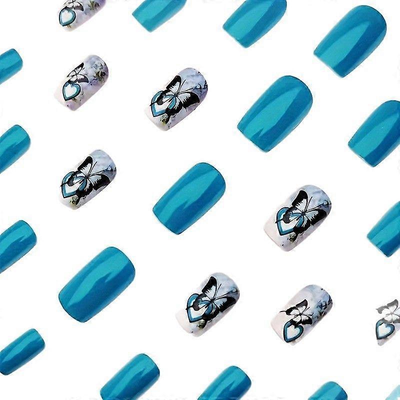 Square patch nails with cute butterfly and heart patterns, medium length, white and blue glossy teal
