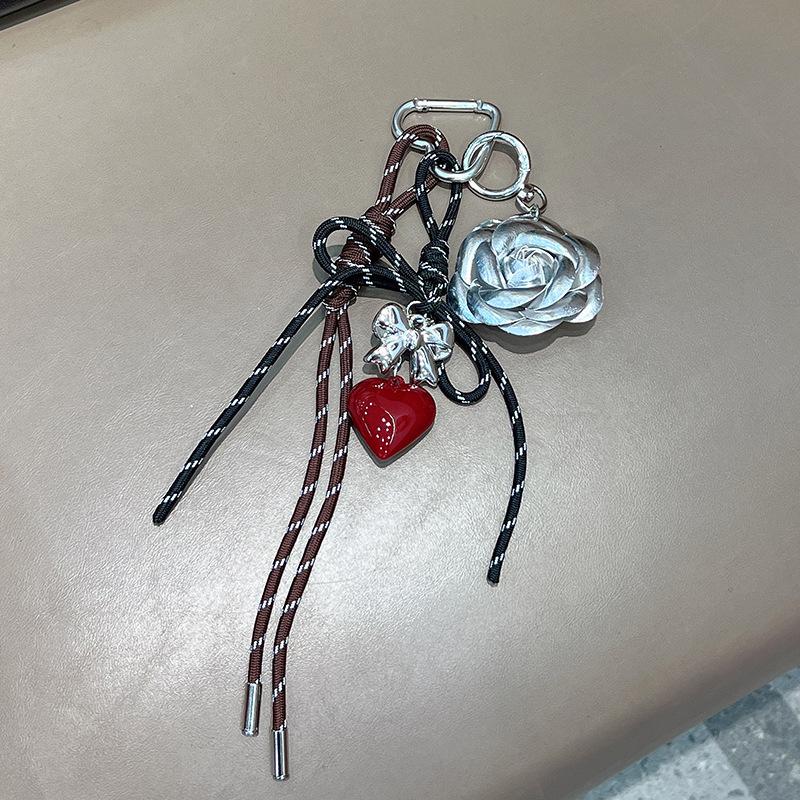 Handmade Camellia Flowers Heart Handbag Pendant Simple Tassels Backpack Hanging Bag Accessory