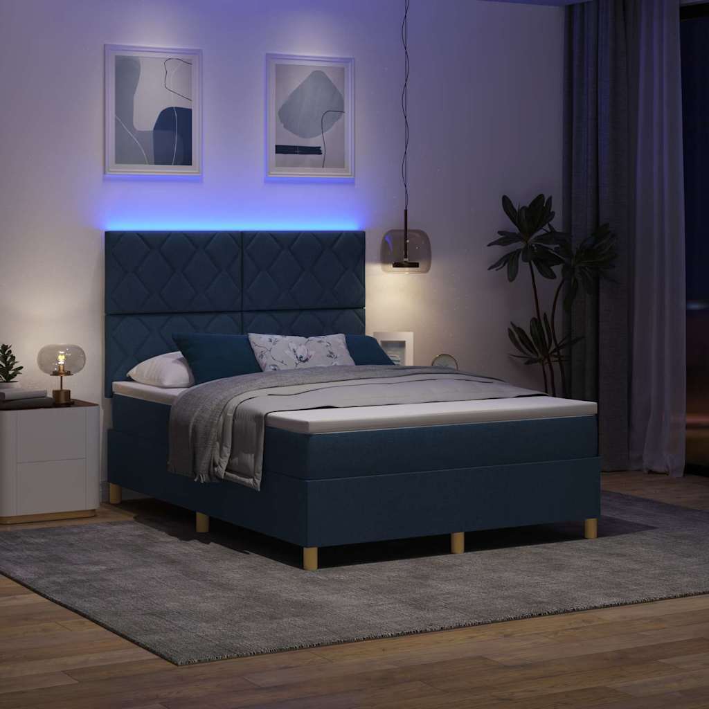 LED Box Spring Bed with Headboard Blue 140 x 190 cm Fabric