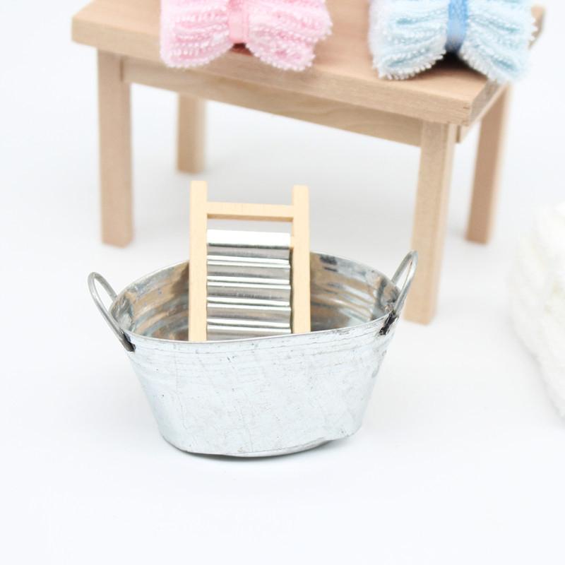 Dollhouse Mini Iron Basin Washboard Bathroom Decoration Products Bjd Outdoor Garden Microscopic Model серебряный