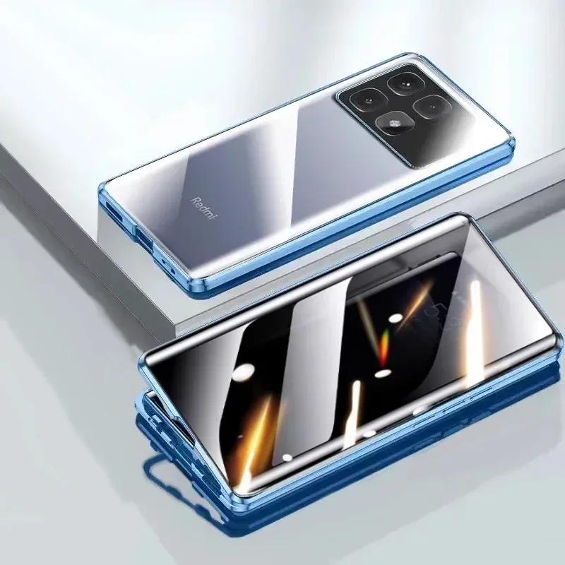 Metal Phone Case Double Sided Temper Glass For Redmi 14 13 12 Pro Plus 5G Lens Protect Anti Peeping Spy Privacy Cover Cases