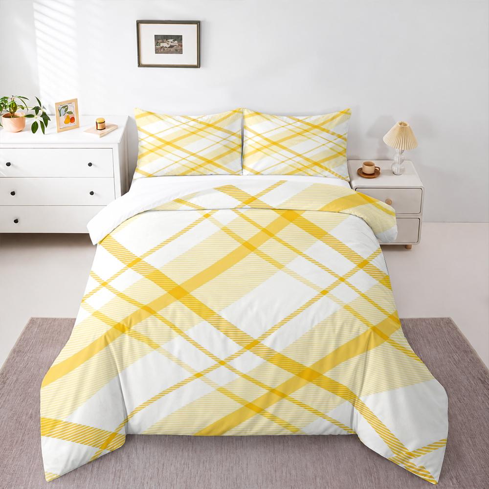 Duvet Cover Set Yellow White Plaid Tartan Diagonal Checkered Pattern for Adult Bedroom Decor