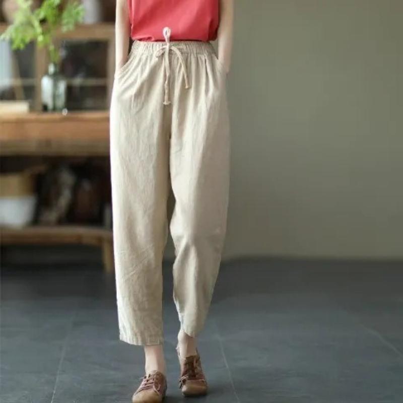 Spring Summer Cotton Linen Pants Women Solid Color Casual Ankle-length Pant Woman Lace-up Waist Loose Trousers